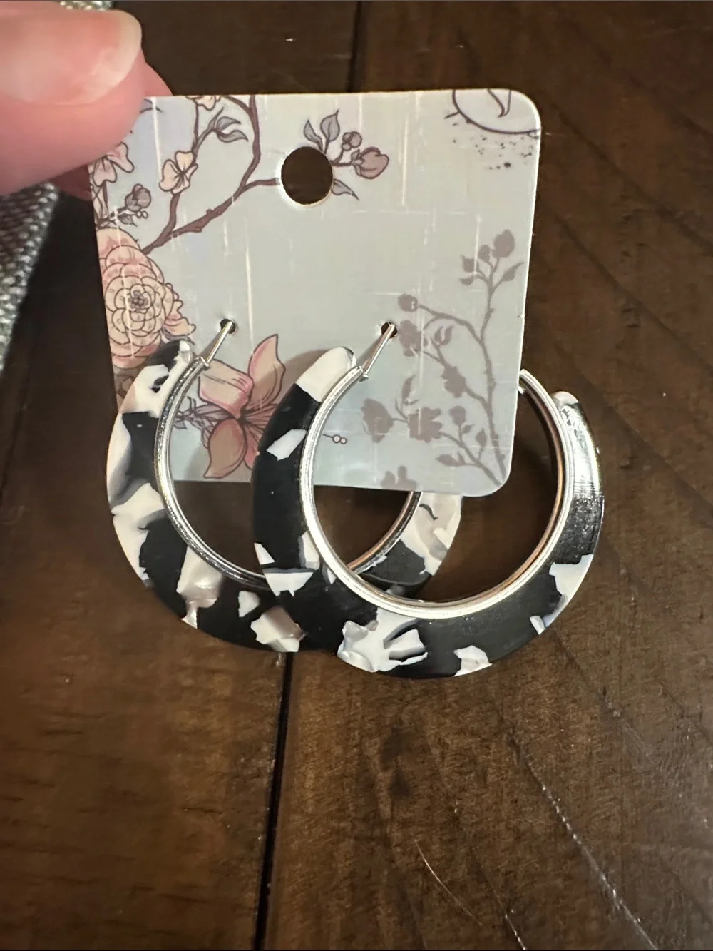 Silver Black & White Marbled Hoop Earrings - Women Earrings & Accessories